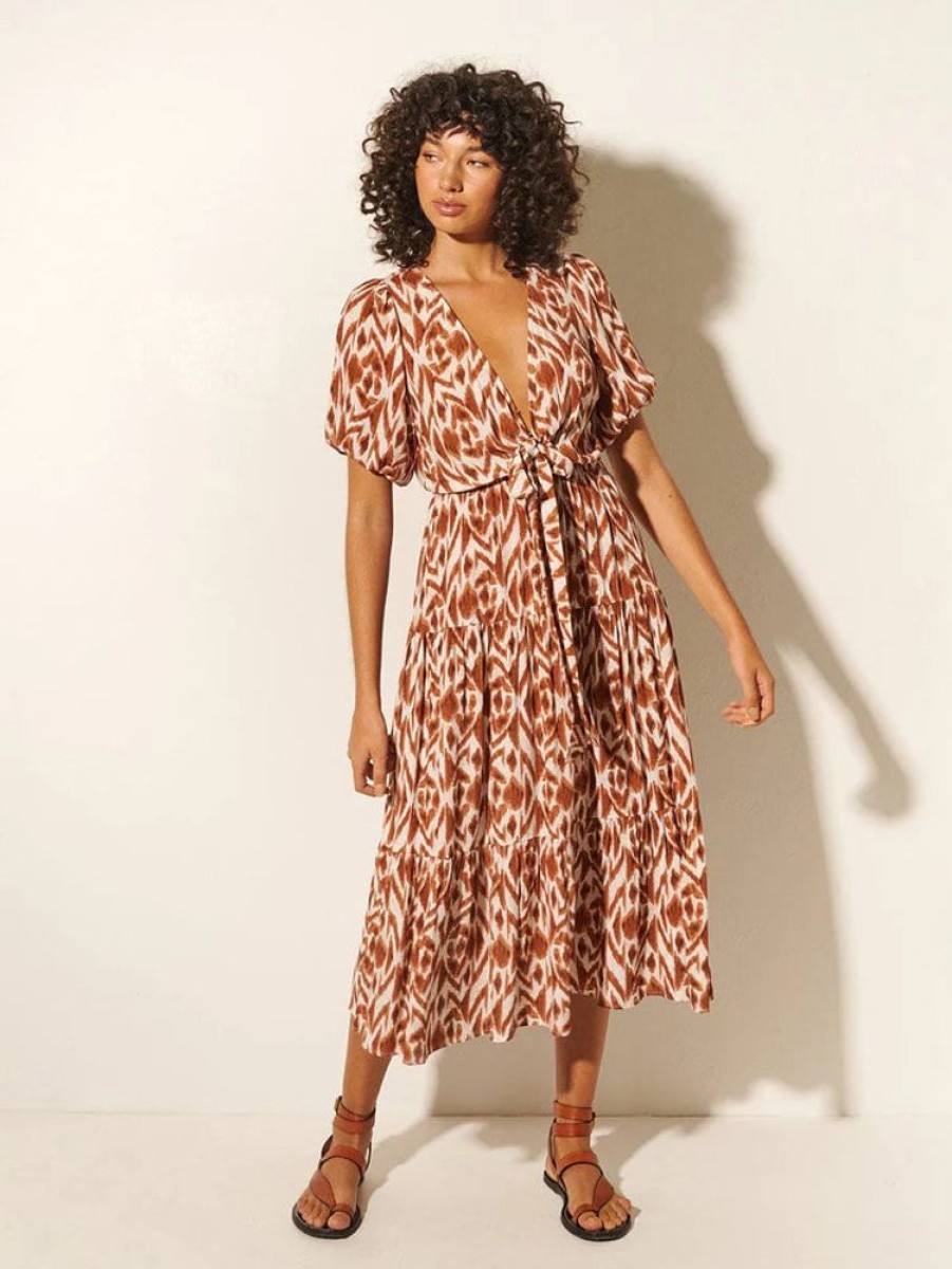 Apparel Kivari | Marisa Tie Front Midi Dress Chocolate Aztec