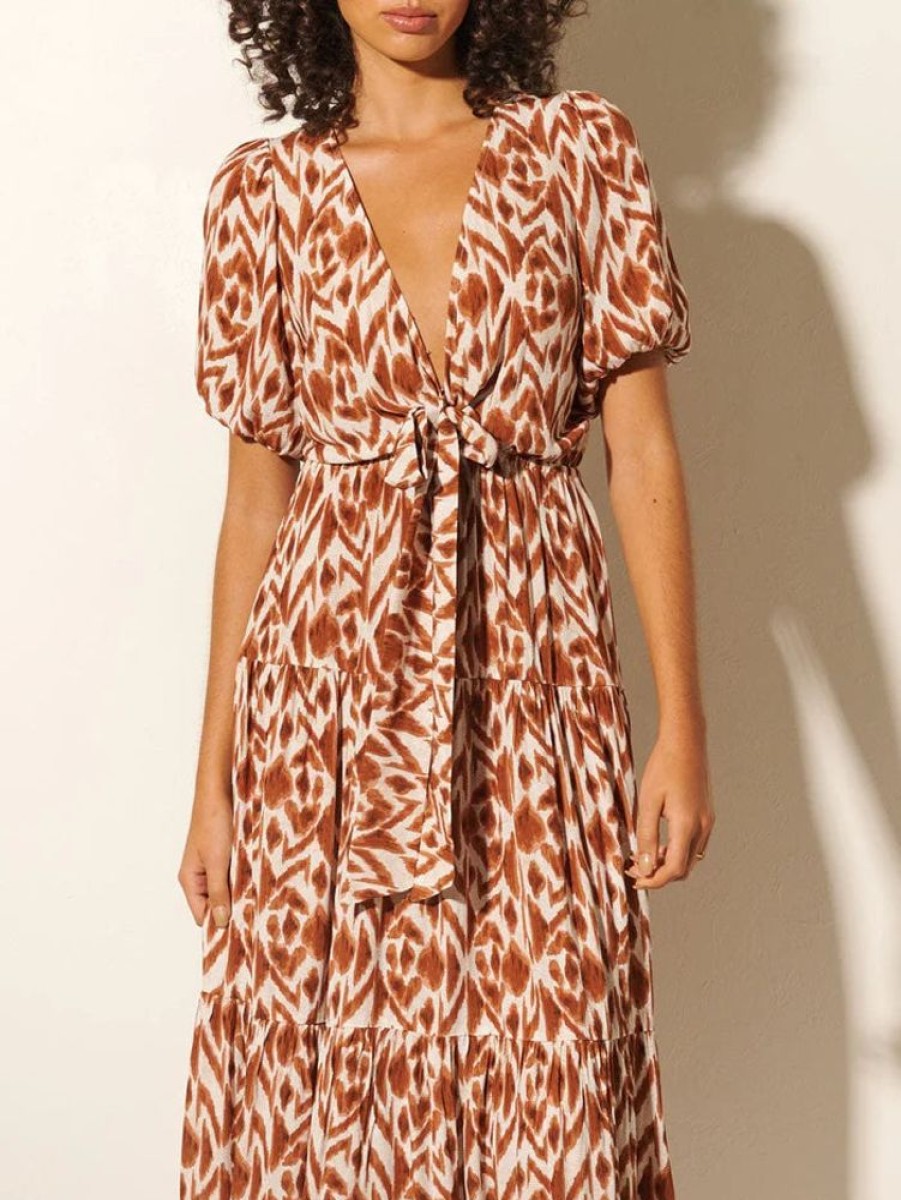 Apparel Kivari | Marisa Tie Front Midi Dress Chocolate Aztec